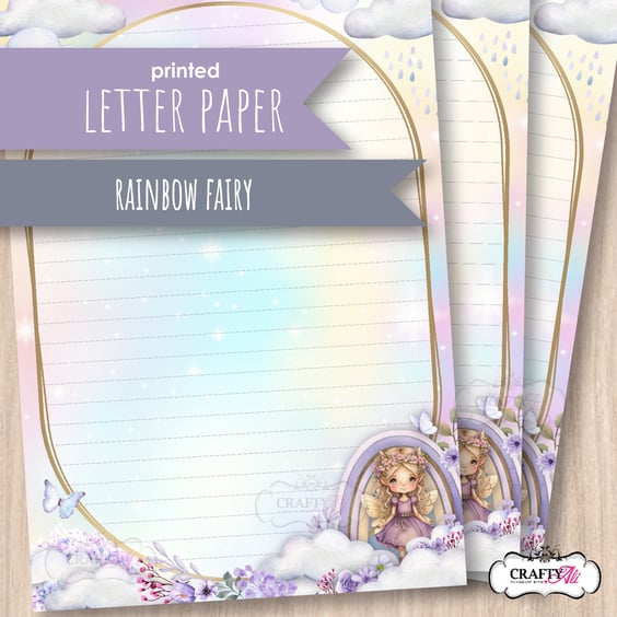 Letter Writing Paper - Cute fairy amongst clouds and a rainbow, 10 sheets