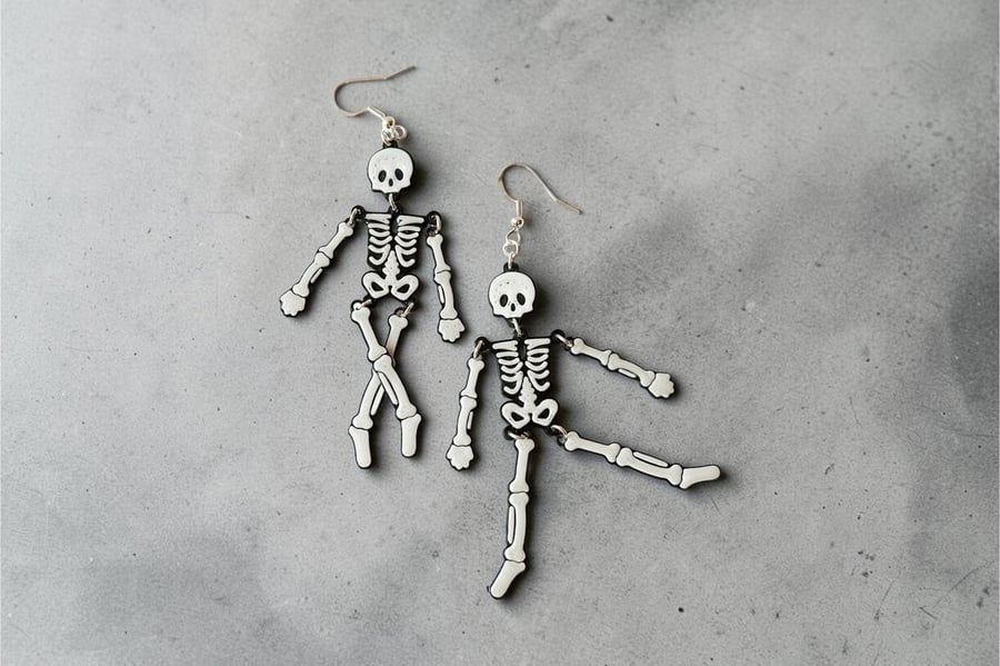 Dancing Skeleton Earrings, Articulated 3D-Printed Gothic Halloween Jewellery