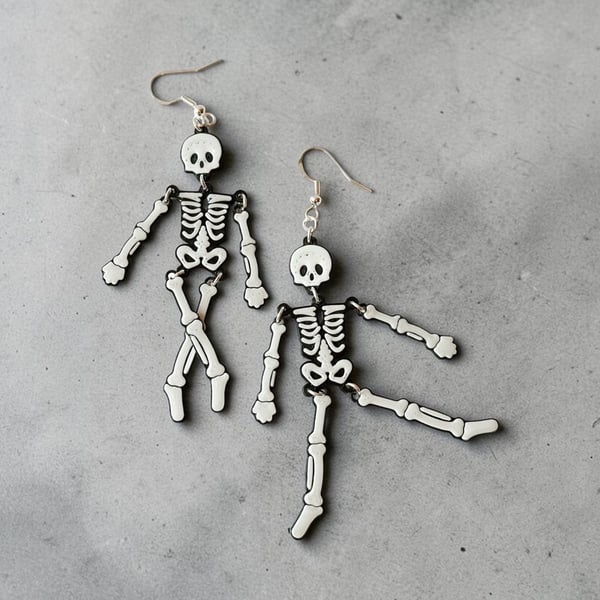 Dancing Skeleton Earrings, Articulated 3D-Printed Gothic Halloween Jewellery