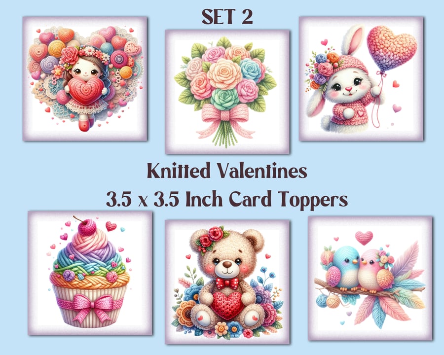 Knitted Valentines Square Card Toppers Card Making, Tags, Scrapbooks