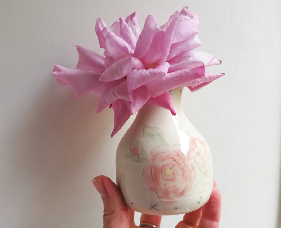PRIVATE listing Handmade bud vase with handpainted roses, pink floral