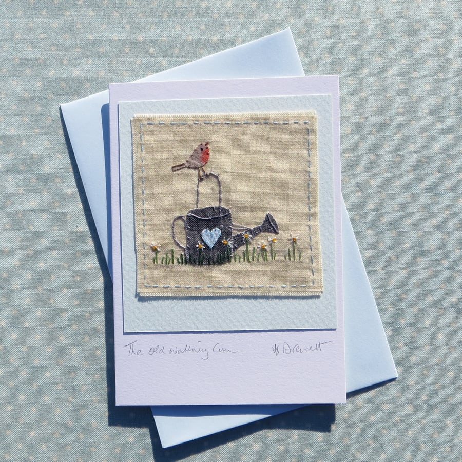 The Old Watering Can, a hand-stitched card with lots of detail, a card to keep!