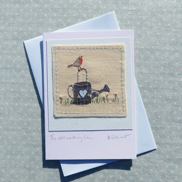 The Old Watering Can, a hand-stitched card with lots of detail, a card to keep!