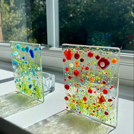 Handmade fused glass flower meadow tea-light shades