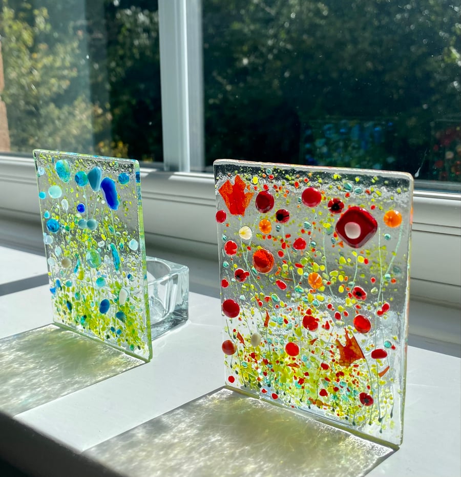 Handmade fused glass flower meadow tea-light shades