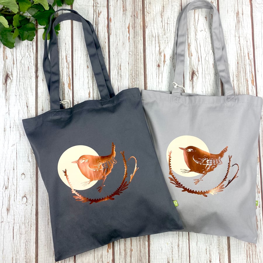 Organic Cotton bag biscuit shopper. Wren bird bag
