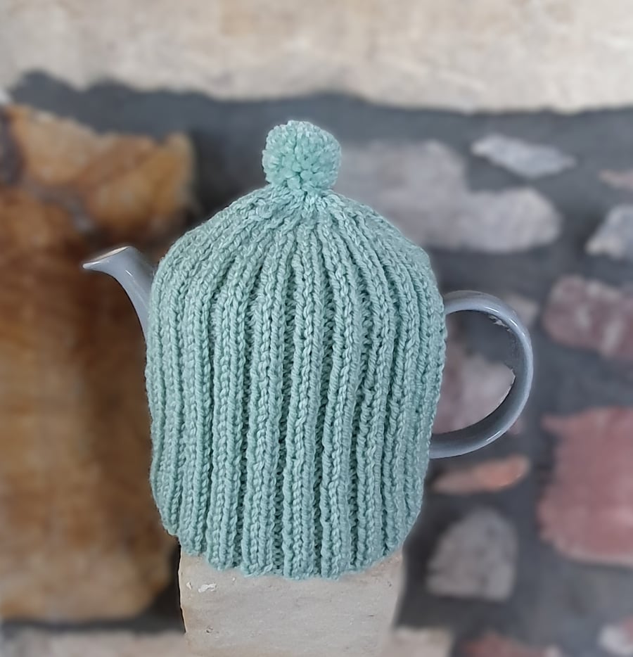 Tea Cosy for Le Creuset Medium Grand 1.3L Tea Pot, Hand Knitted, Duck Egg Green