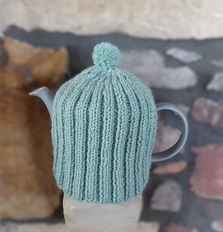 Tea Cosy for Le Creuset Medium Grand 1.3L Tea Pot, Hand Knitted, Duck Egg Green