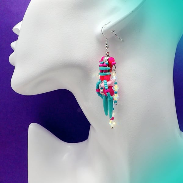 Turquoise, Neon Pink Bright Statement Dangle Earrings with sparkly crystals 