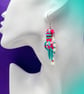Turquoise, Neon Pink Bright Statement Dangle Earrings with sparkly crystals 