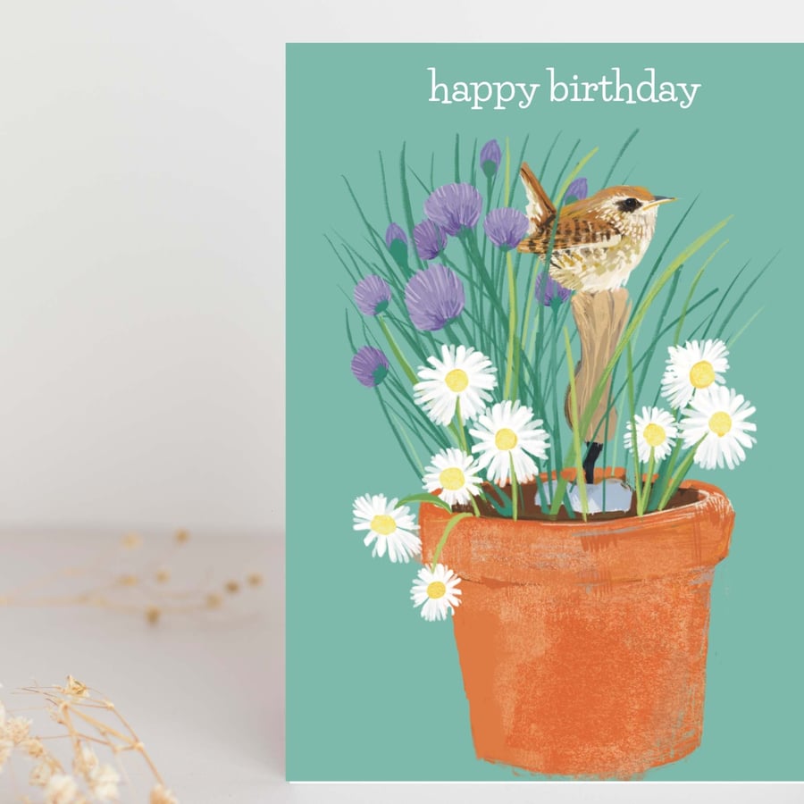 Happy Birthday card garden wren illustration 