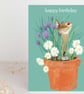 Happy Birthday card garden wren illustration 