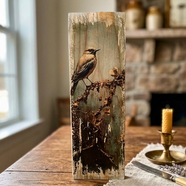 Songbird Wall Art, Woodland Bird Art, Vintage Bird Block, Photo Transfer Art