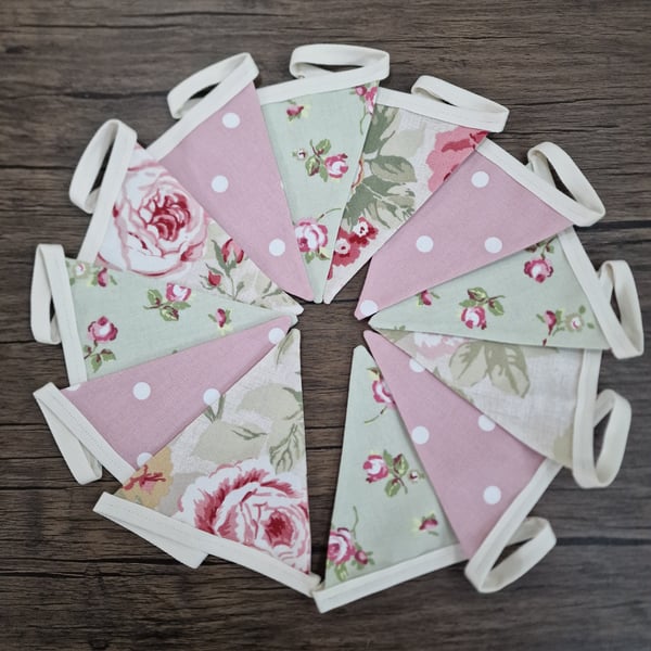 Pink, Sage & Cream Floral and Spot Shabby Chic Style Bunting