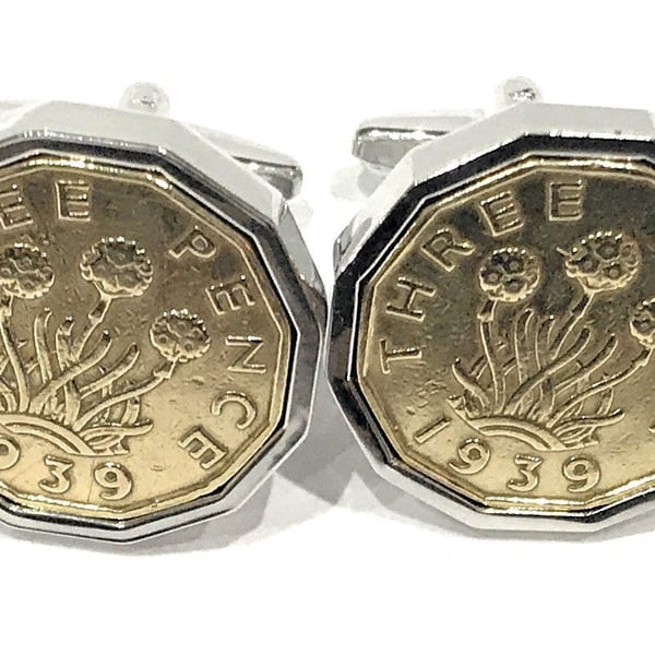 1941 Threepence 3d 85th birthday Cufflinks - Original 1941 threepence coin cuffl