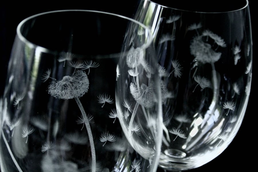 Pair of Hand Engraved Dandelion Crystal Bohemia Crystal Wine Glasses