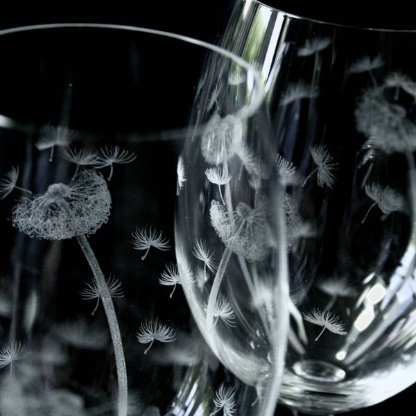Pair of Hand Engraved Dandelion Crystal Bohemia Crystal Wine Glasses