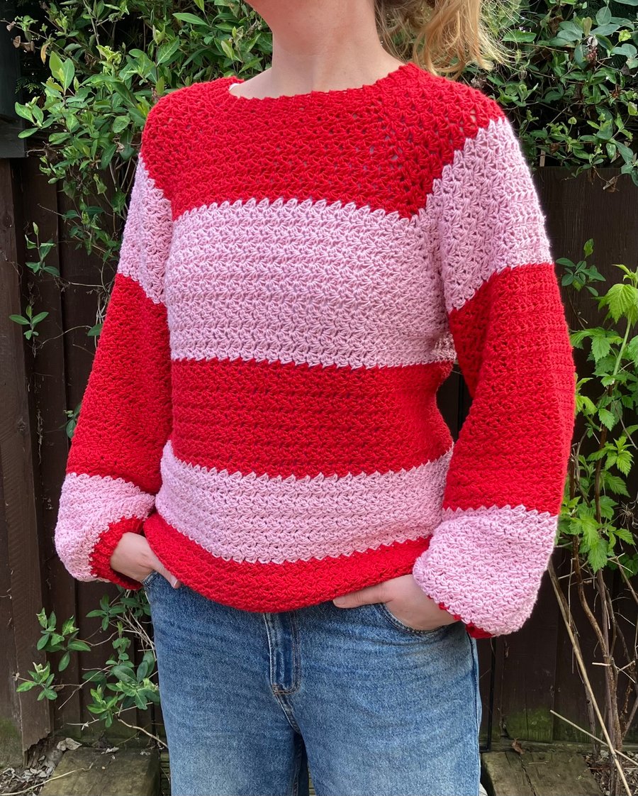 Red and pink stripy crochet jumper