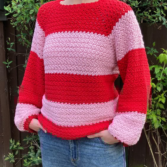 Red and pink stripy crochet jumper