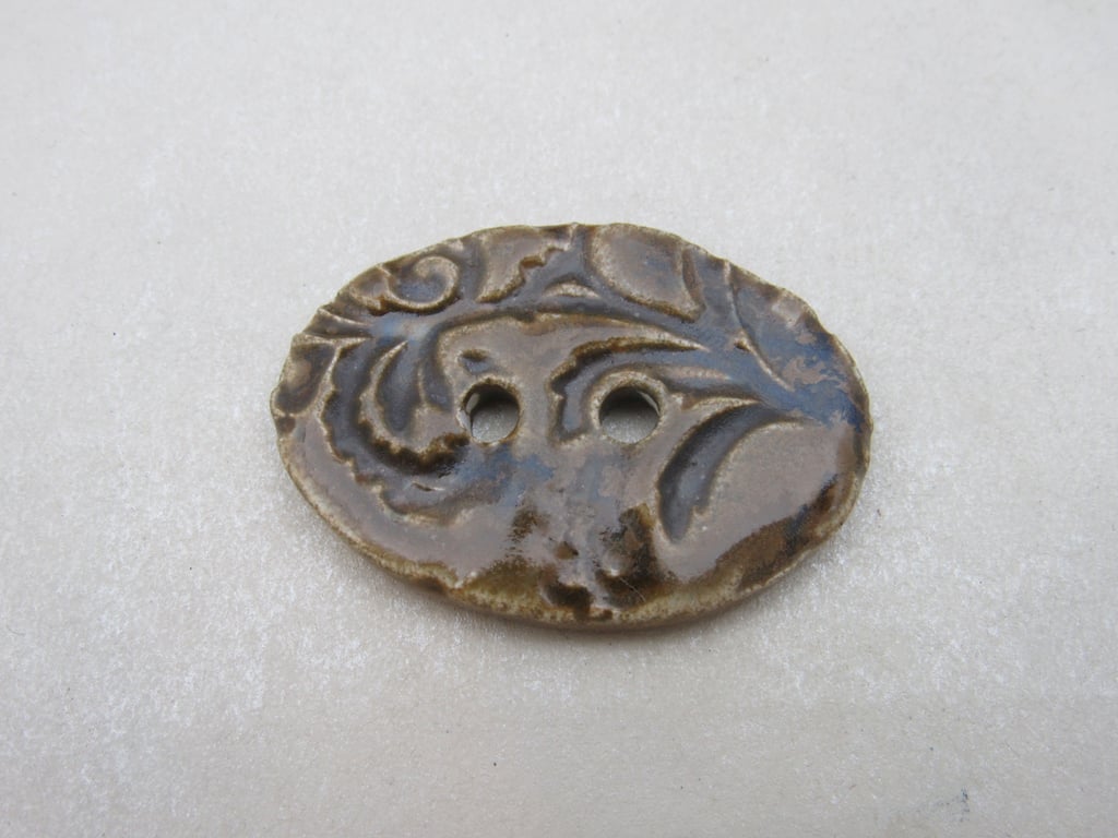 Large Stormy Olive Brocade Oval Handmade Ceramic Button