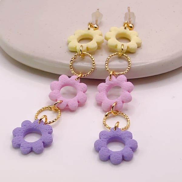 Pastel floral dangle earrings for her , Lightweight clay jewellery for gift