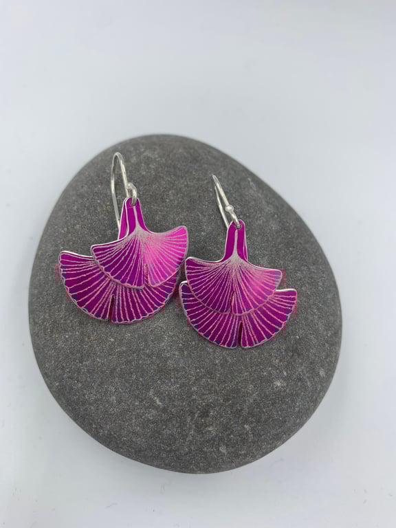 Dark pink double ginkgo leaf aluminium earrings