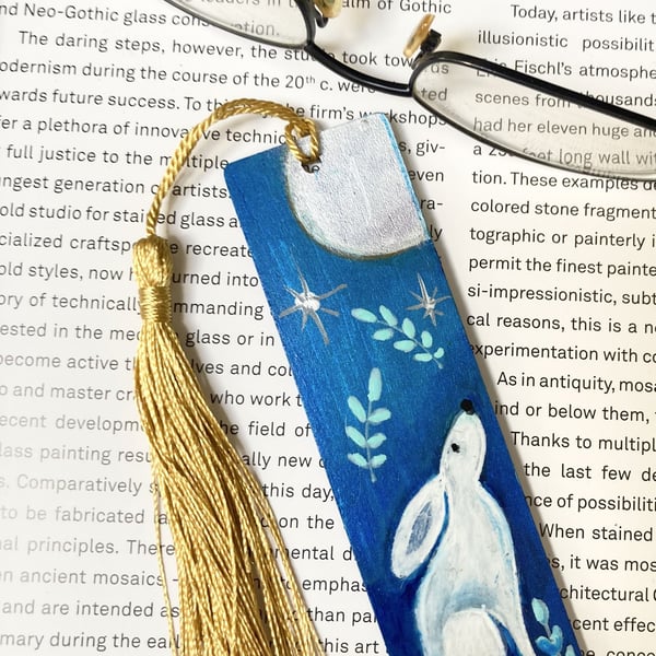 Hand Painted Bookmark White Hare & Silver Moon Magical Book Lovers Gift 