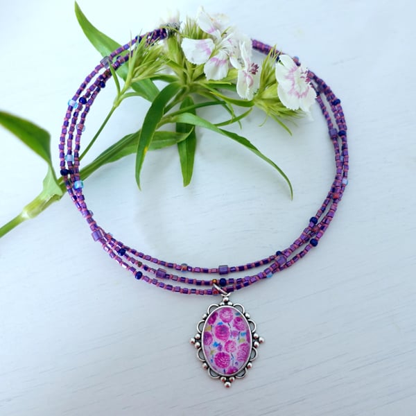 Purple Layered Necklace, Floral Art Pendant, Kitsch Handmade Jewellery 