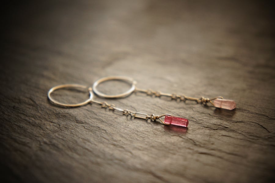 Raw Pink Tourmaline Silver Earrings, Wabi Sabi Style Jewellery