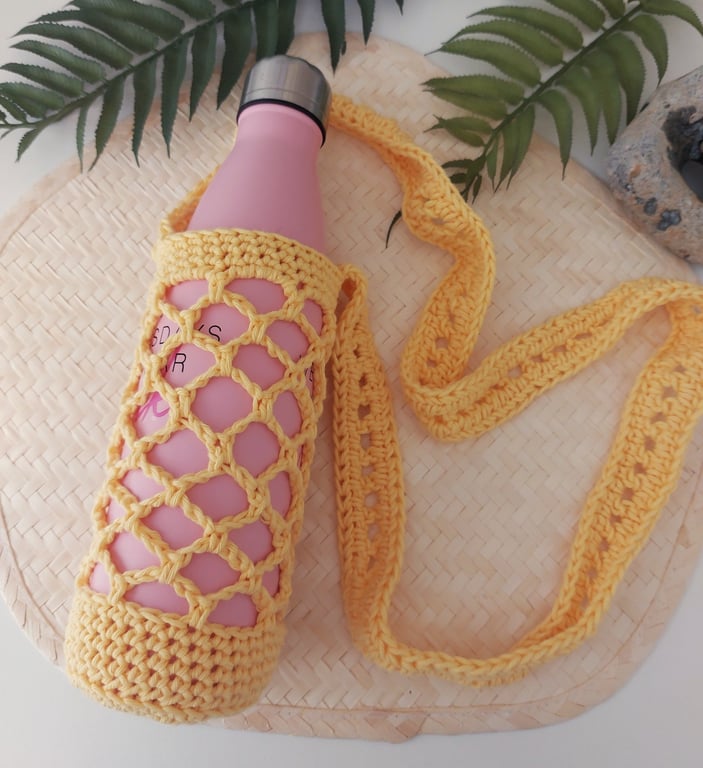 Crochet Cotton Water Bottle Holder Carrier Vanilla