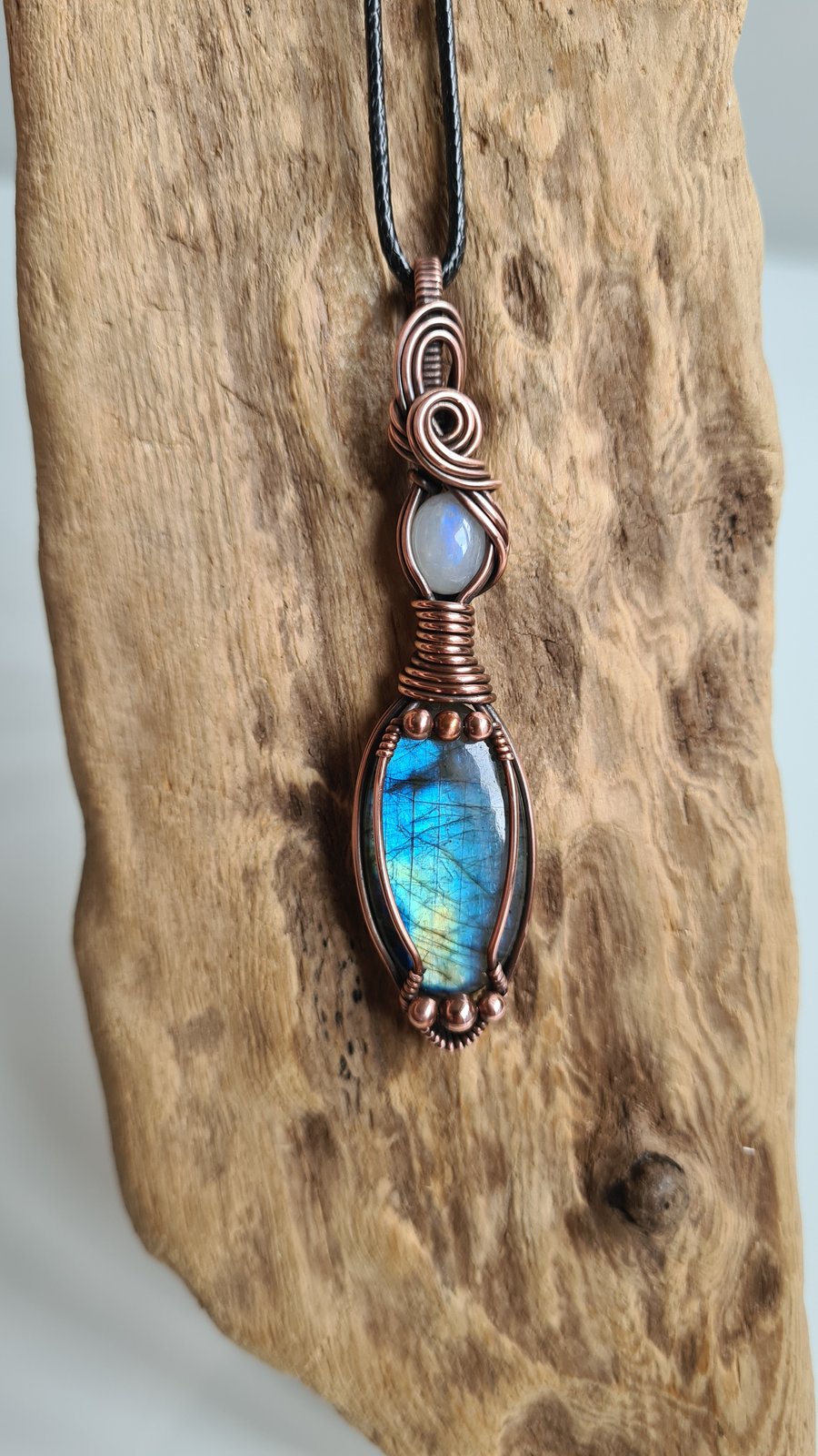 Labradorite & Moonstone Copper Statement Necklace Pendant Gift Crystal Jewellery