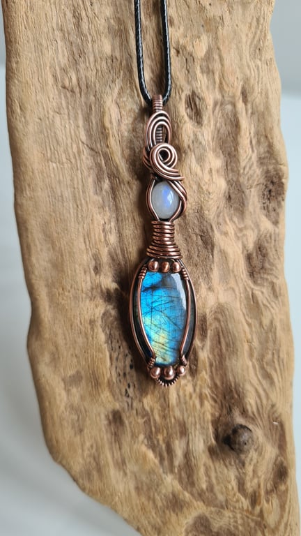 Labradorite & Moonstone Copper Statement Necklace Pendant Gift Crystal Jewellery