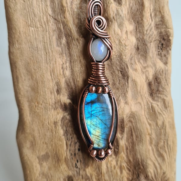 Labradorite & Moonstone Copper Statement Necklace Pendant Gift Crystal Jewellery