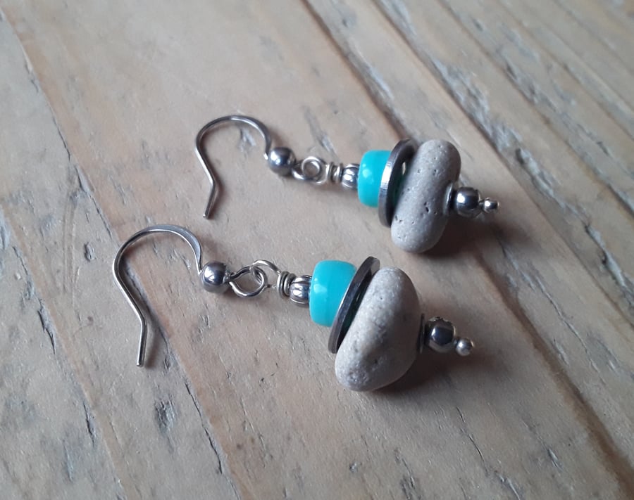 Beach Pebble Earrings with Turquoise Glass Beads
