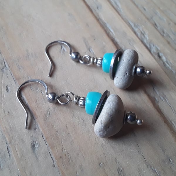 Beach Pebble Earrings with Turquoise Glass Beads