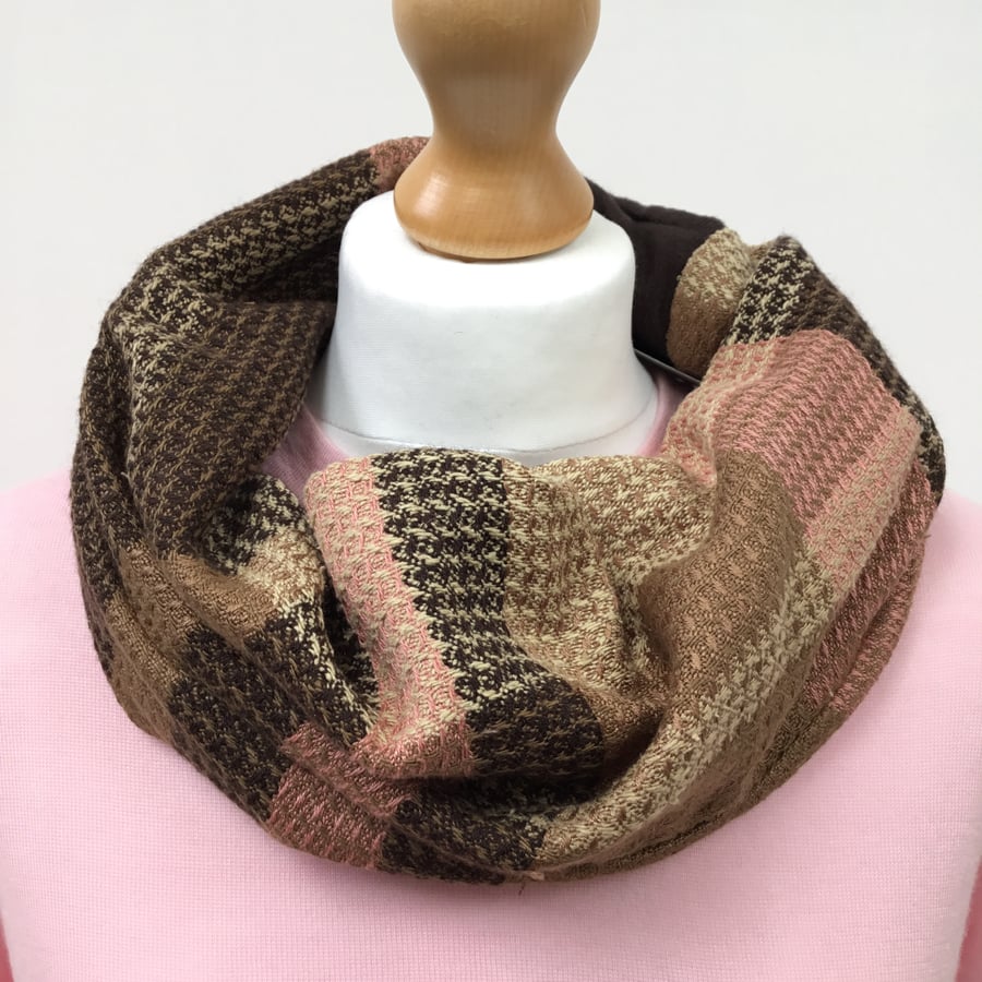 Handwoven infinity cowl scarf - woven with gold, brown and pink silk and merino 
