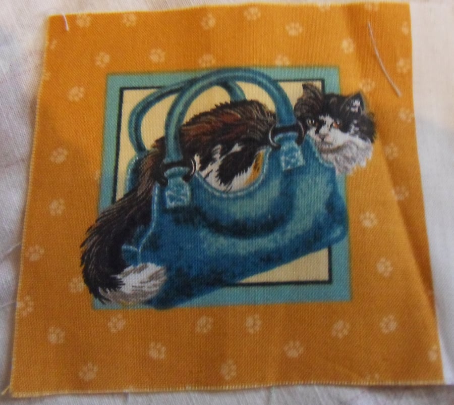 100% cotton fabric squares. Cat in a blue bag  (65)