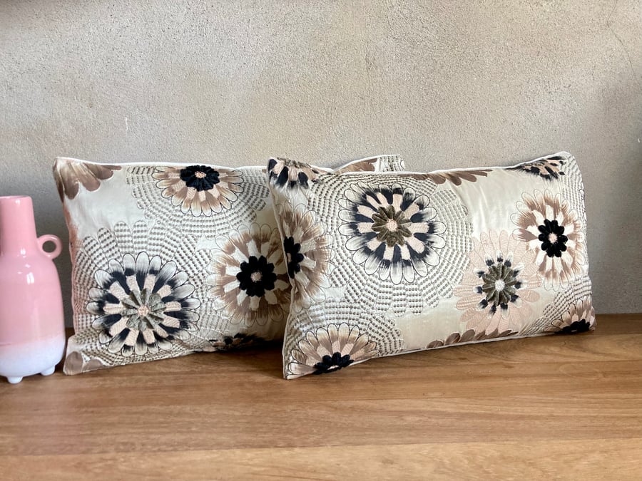 A Pair of Silk and Velvet Cushion Covers, 50cm x 30cm