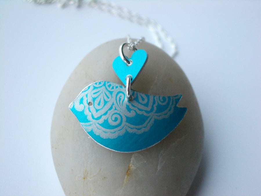 SALE - Blue bird necklace with paisley print