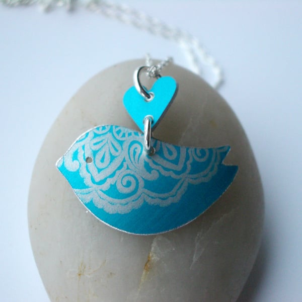 SALE - Blue bird necklace with paisley print