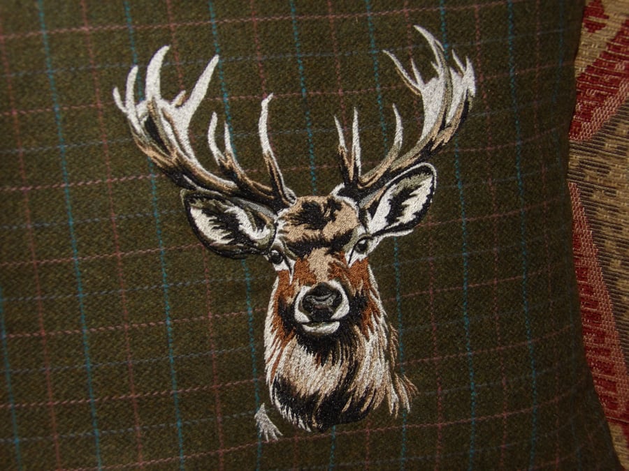 Lovely stag embroidered tweed cushion cover 