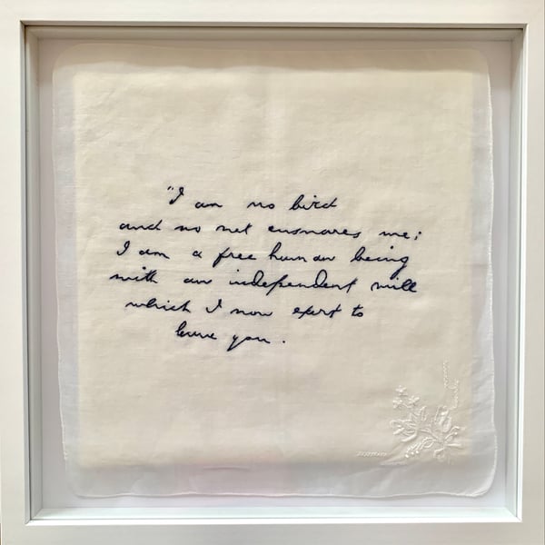Hand embroidered quote on vintage handkerchief - quote by Charlotte Bronte