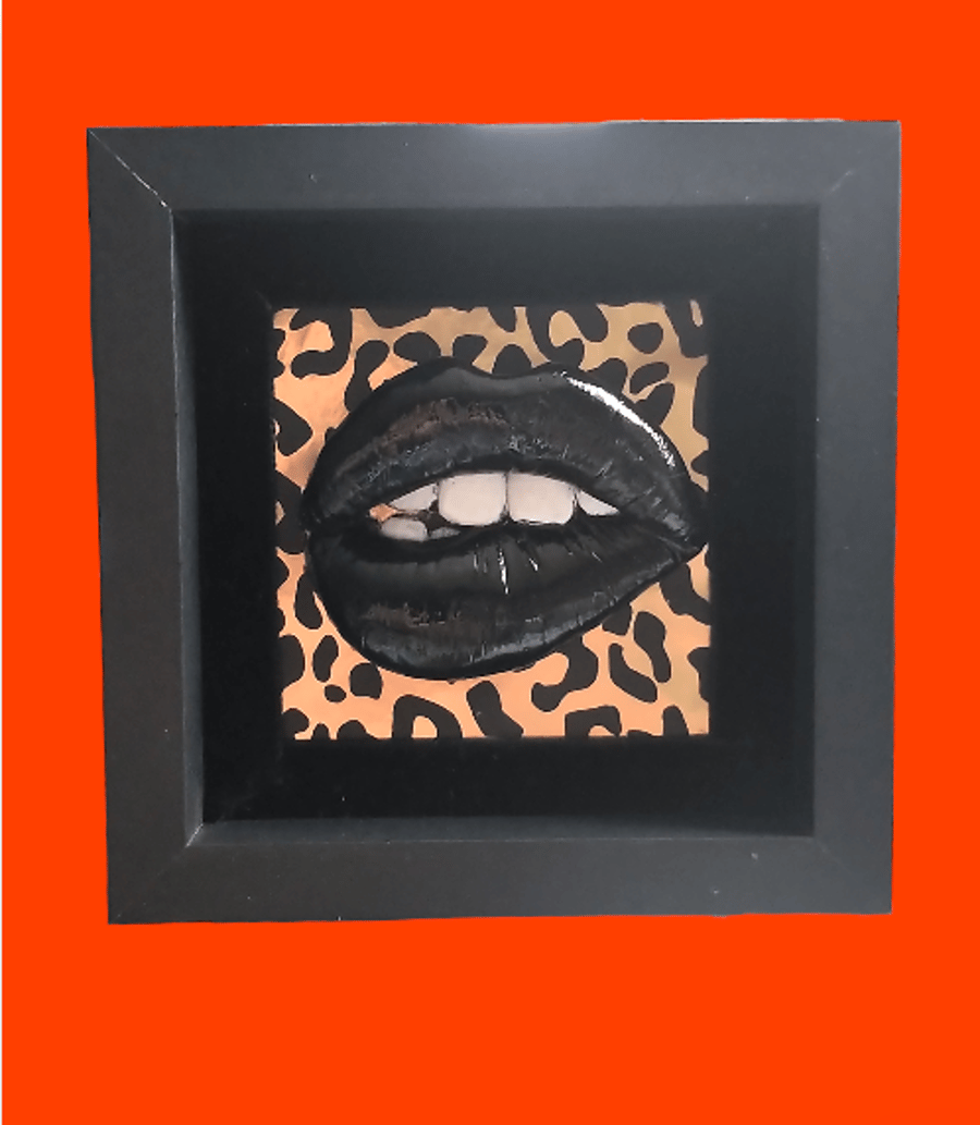 3D Lips Black & Gold Leopard Framed Picture