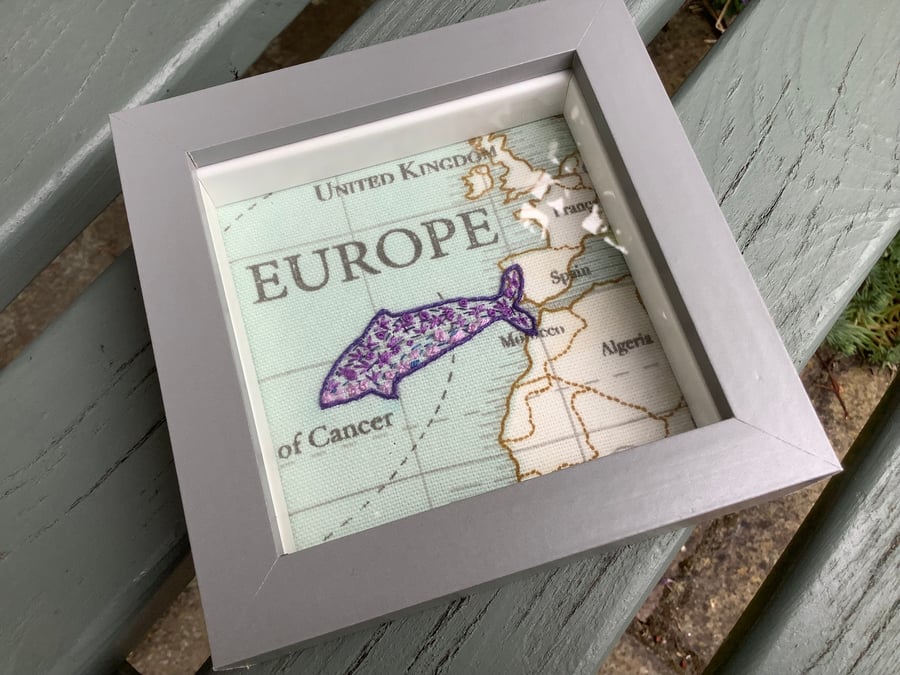 Hand Embroidered Framed Minke Whale