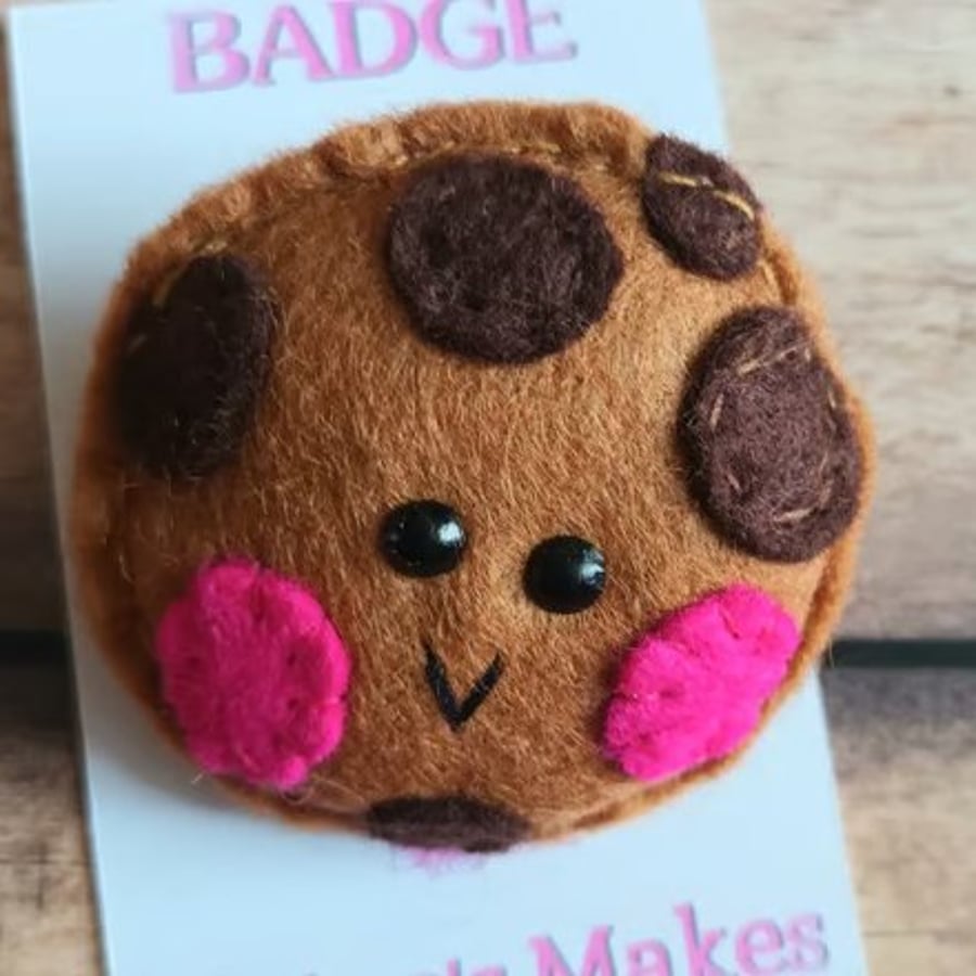 Image of 'Chocolate Chip Cookie' badge hand sewn in wool blend felt 