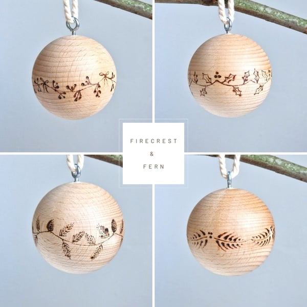 Nordic Christmas Baubles, wooden ornaments engraved with leaves