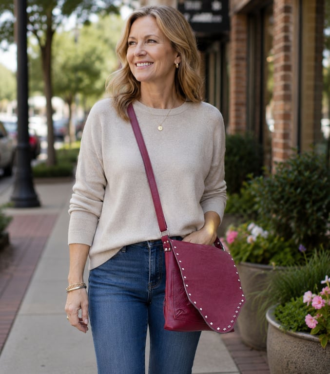 Leather crossbody bag deep red leather shoulder bag with poppy lining and rivets