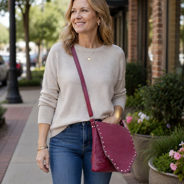 Leather crossbody bag deep red leather shoulder bag with poppy lining and rivets