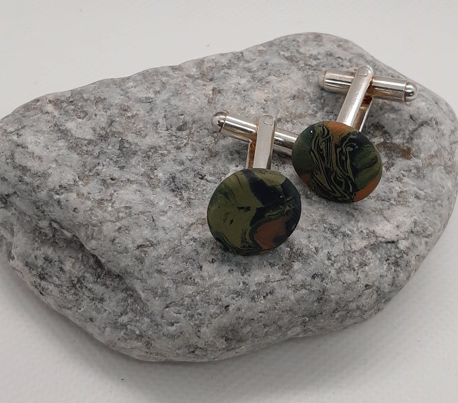 Sage green, orange and black polymer clay cufflinks