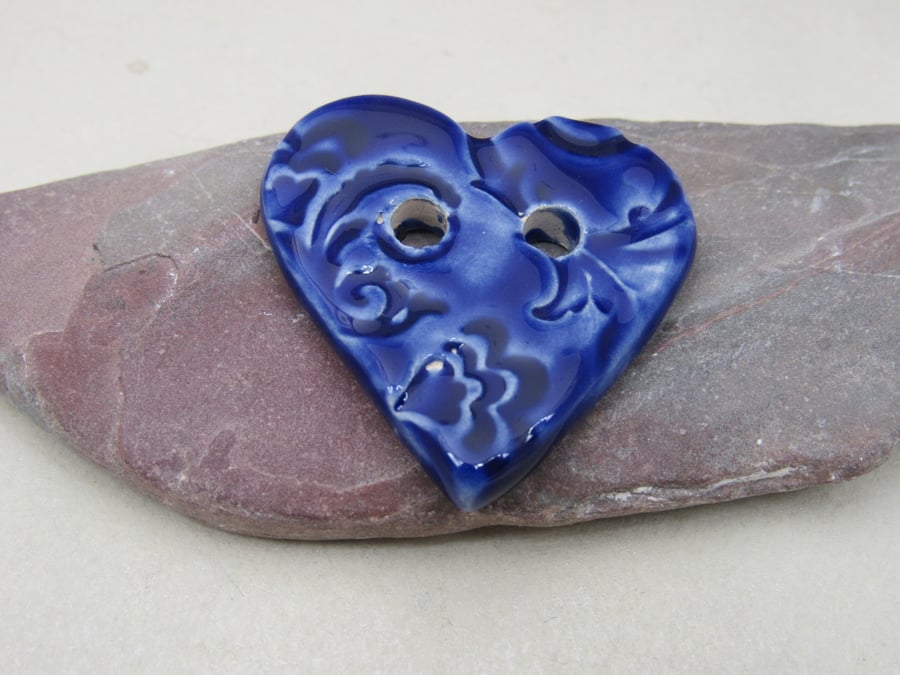 SECONDS Medium Cobalt Blue Brocade Texture Heart Shaped Ceramic Button